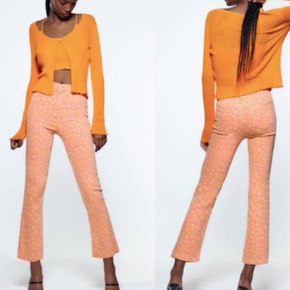 NEW Zara Y2K Retro Women's Pink Yellow Floral Print High Rise Cropped Jeans 4 - Picture 1 of 13